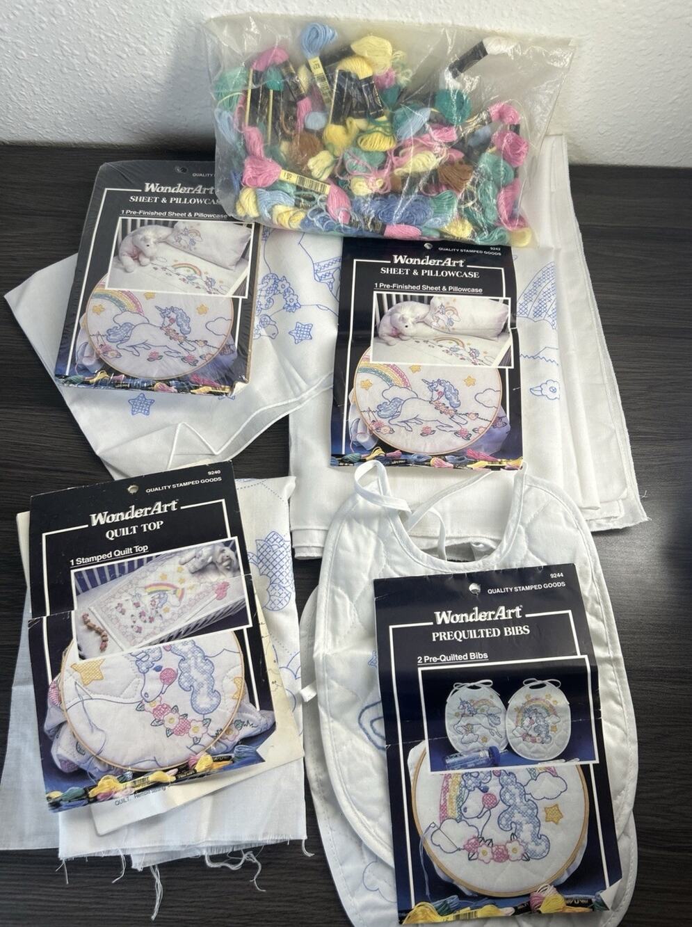 Unicorn Delight WONDERART Vintage Lot Quilt Bibs Sheet Pillowcase Embroidery